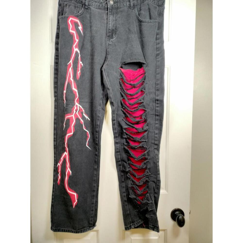 Y2K Baggy Black Jeans Mens XL Embroidered Eagle Hip Hop Streetwear Denim 36x30‎